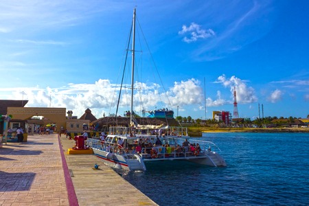 Cozumel, Mexico - May 04, 2018: tourists on ferry boat in blue caribbean water at Cozumel, Mexicoのeditorial素材