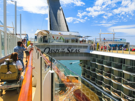 Cape Canaveral, USA - April 29, 2018: The passenger flying at zip line at cruise liner or ship Oasis of the Seas by Royal Caribbeanのeditorial素材