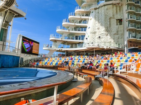 Cape Canaveral, USA - April 29, 2018: The Boardwalk, Aqua Theater amphitheater at cruise liner or ship Oasis of the Seas by Royal Caribbeanのeditorial素材