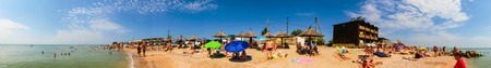 Berdyansk, Ukraine June 30, 2018: beach resort seasonon the coast of the Azov Sea. People are...