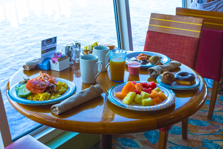 Cape Canaveral, USA - APRIL 29, 2018: Dining Room Buffet aboard the luxury cruise shipのeditorial素材