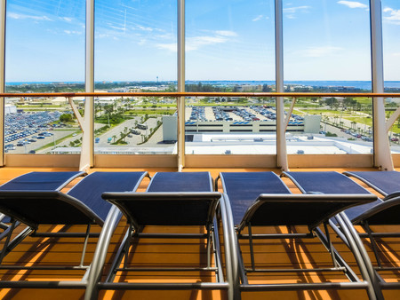 Cape Canaveral, USA - April 29, 2018: The upper deck at cruise liner or ship Oasis of the Seas by...