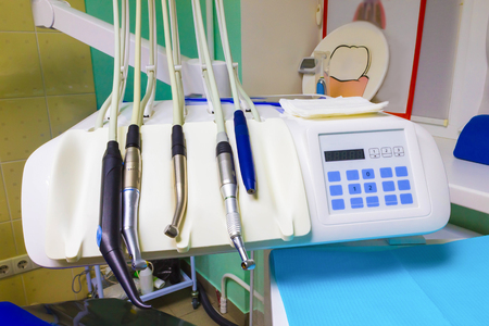 Different dental instruments and tools in a dentists officeの写真素材