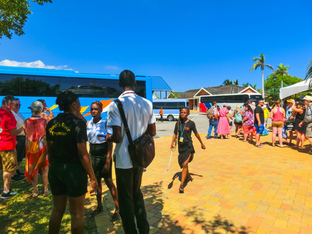 Falmouth, Jamaica - May 02, 2018: The tourists are preparing for the beginning of a bus tour of the islandのeditorial素材