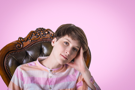 high fashion portrait of young elegant woman. Studio shot on whiteの写真素材