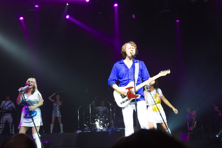 Cape Canaveral, USA - May 05, 2018: The musical jazz band on inside deck at cruise liner Oasis of the Seas by Royal Caribbean docked in Cape Canaveral, USA on May 05, 2018.のeditorial素材
