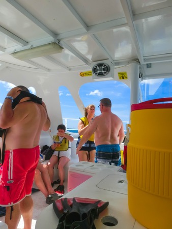 Cozumel, Mexico - May 04, 2018: The people at snorkeling underwater and fishing tour by boat at the Caribbean Sea in Cozumel, Mexicoのeditorial素材
