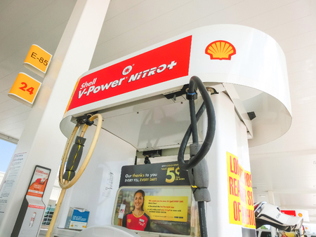 Orlando, USA - May 8, 2018: Filling nozzles at a Shell gas station at Orlando, USA on May 8, 2018....