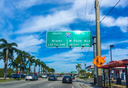 Miami, USA - April 29, 2018: Interstate 95 sign south direction with arrow at Miami, USA on April 29, 2018のeditorial素材