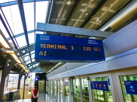 Frankfurt, Germany - April 28, 2018: The station of skyline train, the free automatic shuttle rail service at Frankfurt airport which links two airport terminals. View from window at Frankfurt, Germany on April 28, 2018のeditorial素材