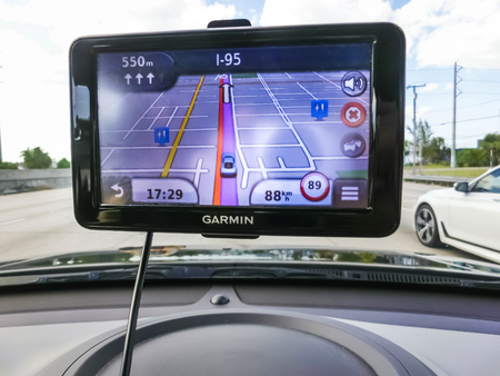 Miami, USA - April 29, 2018: The Navigation system in the car at Miami, USA on April 29, 2018