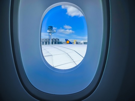 Frankfurt, Germany - April 28, 2018: Aircraft line Lufthansa Airbus A380 ready for departure. A380 is the flagship of Lufthansas aircraft fleet.のeditorial素材