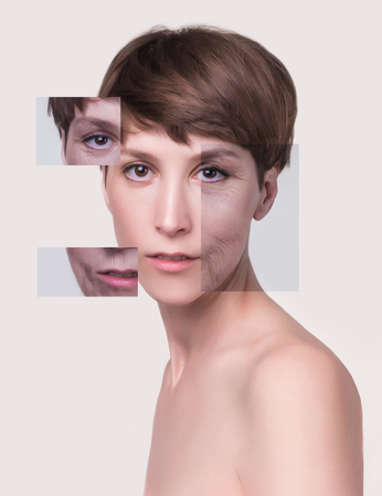 Anti-aging, beauty treatment, aging and youth, lifting, skincare, plastic surgery concept. Beautiful girl with young face and half face of old woman with wrinklesの写真素材