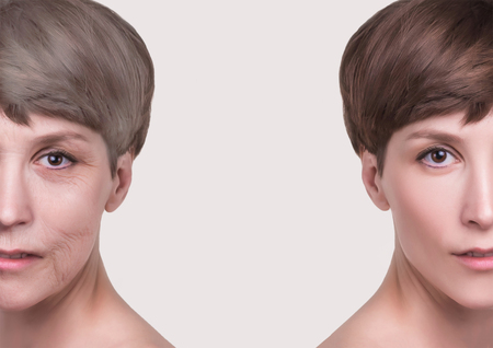 Anti-aging, beauty treatment, aging and youth, lifting, skincare, plastic surgery concept. Beautiful girl with young face and half face of old woman with wrinklesの写真素材