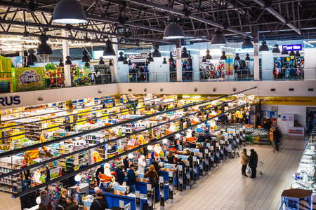 Kyiv, Ukraine - December 8, 2018: View from above at supermarket Varus at Kyiv, Ukraine on December 8, 2018のeditorial素材