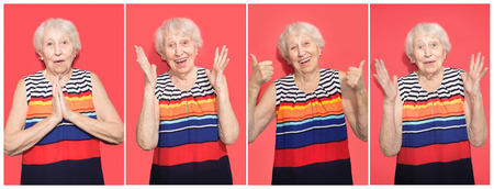 Collage of middle age senior woman over red background. Crazy and surprised of shock with open mouth female old modelの写真素材