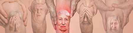 Senior men holding the knee with pain. Collage. Concept of abstract pain and despair.の写真素材