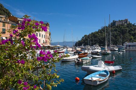Beautiful bay with colorful houses in Portofino, Liguria, at Italyの写真素材