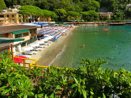beach known as paraggi near portofino in genoa on a blue sky and sea backgroundの写真素材