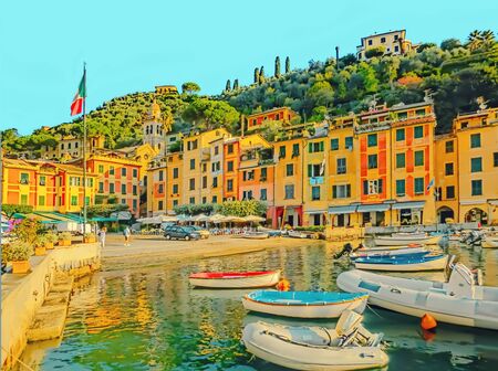 The blurred image of bay with colorful houses in Portofino, Liguria, Italyの写真素材