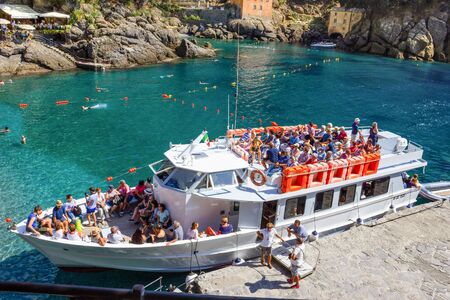 San Fruttuoso abbey, Italy - September 17, 2019: scheduled boat passengers prepare for departureのeditorial素材