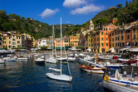 Beautiful bay with colorful houses in Portofino, Liguria, at Italyの写真素材