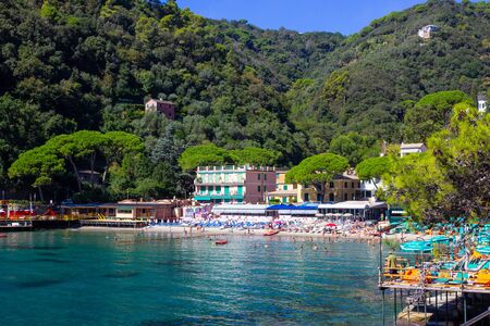 beach known as paraggi near portofino in genoa on a blue sky and sea backgroundの写真素材