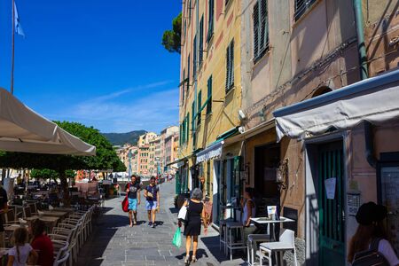Camogli, Italy - September 15, 2019: The people going near colored houses at Camogliのeditorial素材