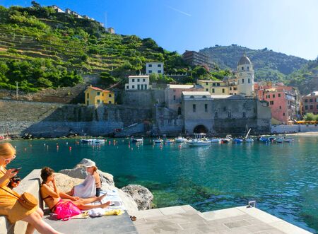 Vernazza, Italy - September 14, 2019: Sandy beach in Vernazza town, Cinque Terre National Parkのeditorial素材