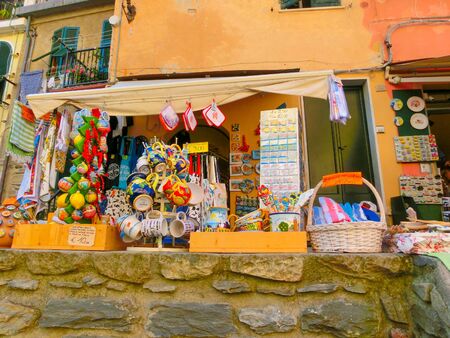 Vernazza, Italy - September 14, 2019: Vendors stands - profitable and popular form of sales traditional souvenirs and giftsのeditorial素材