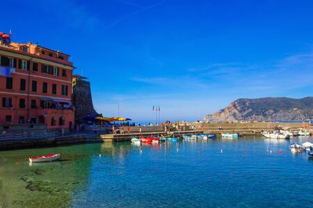 Vernazza Bay With Colorful Boats - Cinque Terre, La Spezia Province, Liguria Region, Italyの写真素材