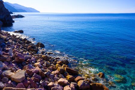 Panorama of Monterosso al Mare Beach, in summer season, a coastal village and resort in Cinque Terre, Liguria, Italy.の写真素材
