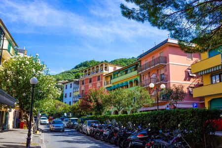 Sunny Cityscape of little street in Moneglia village in Liguriaの写真素材
