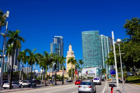 Miami, USA - November 30, 2019: Downtown Miami cityscape view with condos and office buildings.のeditorial素材