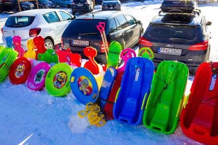 Tatranska Lomnica, Slovakia - January 01, 2020: Tatranska Lomnica City, sale of traditional...