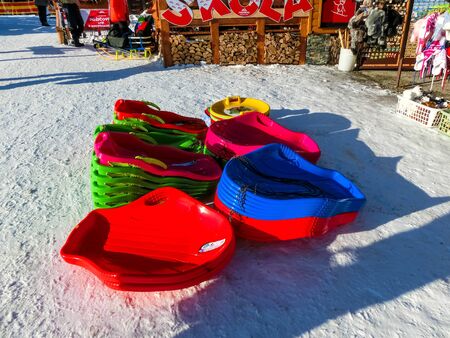 Tatranska Lomnica, Slovakia - January 01, 2020: Tatranska Lomnica City, sale of traditional souvenirs from Tatryのeditorial素材