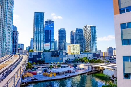 Miami, USA - November 30, 2019: Downtown Miami cityscape view with condos and office buildings...