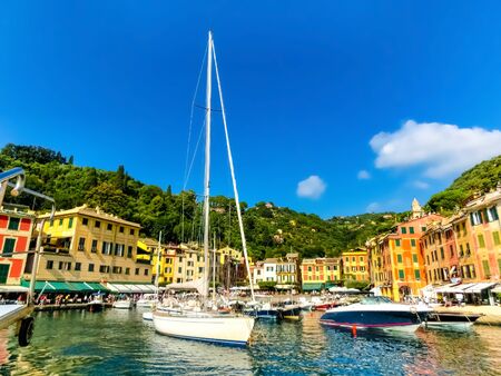 Beautiful bay with colorful houses in Portofino, Liguria, at Italyの写真素材