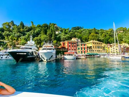 Beautiful bay with colorful houses in Portofino, Liguria, at Italyの写真素材