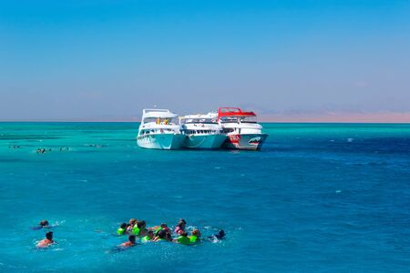 Sharm El Sheikh, Egypt - February 16, 2020: Sail boat ship with tourists in Ras Mohamed National Park in the Red Sea, Sharm El Sheikh, Egyptのeditorial素材