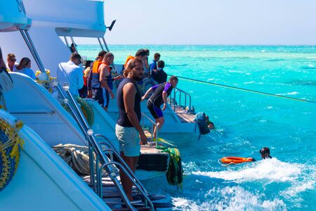 Sharm El Sheikh, Egypt - February 16, 2020: Sail boat ship with tourists in Ras Mohamed National Park in the Red Sea, Sharm El Sheikh, Egyptのeditorial素材