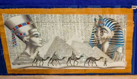 Sharm El Sheikh, Egypt - February 17, 2020: Various of papyrus with elements of egyptian history - objects displayed in shop in the bazaar at Sharm El Sheikh, Egyptのeditorial素材