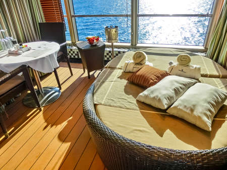 Half Moon Cay island, Bahamas - December 4, 2019: Private sitting area near Lido pool at upper deck of Holland America cruise ship Eurodamのeditorial素材