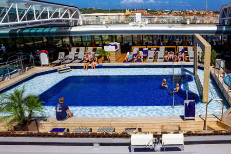 Oranjestad, Aruba - January 8, 2018: Upper deck of Holland America cruise ship Eurodam