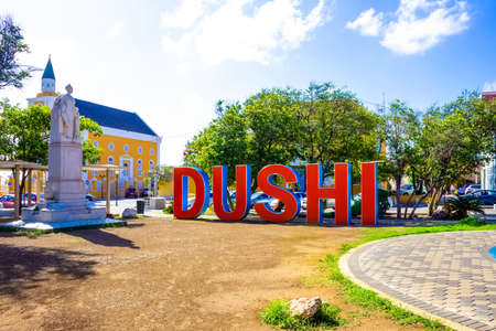 Willemstad, Curacao, Netherlands - December 5, 2019: Queen Wilhelmina Statue in Willemstad in Curacao, on December 5, 2019. The city center, its unique architecture and harbor entry, has been designated a UNESCO Heritage Site.のeditorial素材