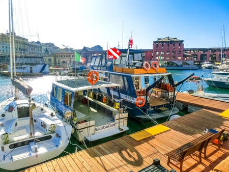 Genoa, Italy - September 11, 2019: View of the seaport of Genoa at Italyのeditorial素材