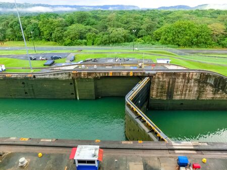 View of Panama Canal from cruise ship at Panamaの写真素材