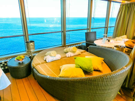 Half Moon Cay island, Bahamas - December 4, 2019: Private sitting area at upper deck of Holland America cruise ship Eurodamのeditorial素材