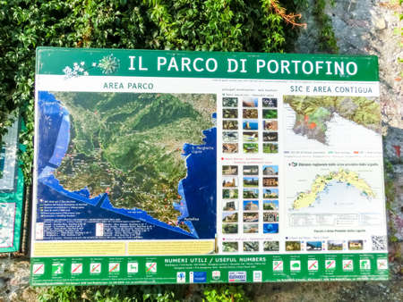 Portofino, Italy - September 13, 2019: The poster of Park in Portofino, Liguria at Italy