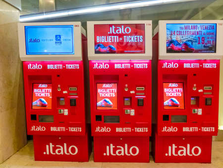 Milan, Italy - September 18, 2019: Italo train logo. Nuovo Trasporto Viaggiatori or New Passenger Transport is an Italian company which is Europes first private open access operator of high-speed trainsのeditorial素材